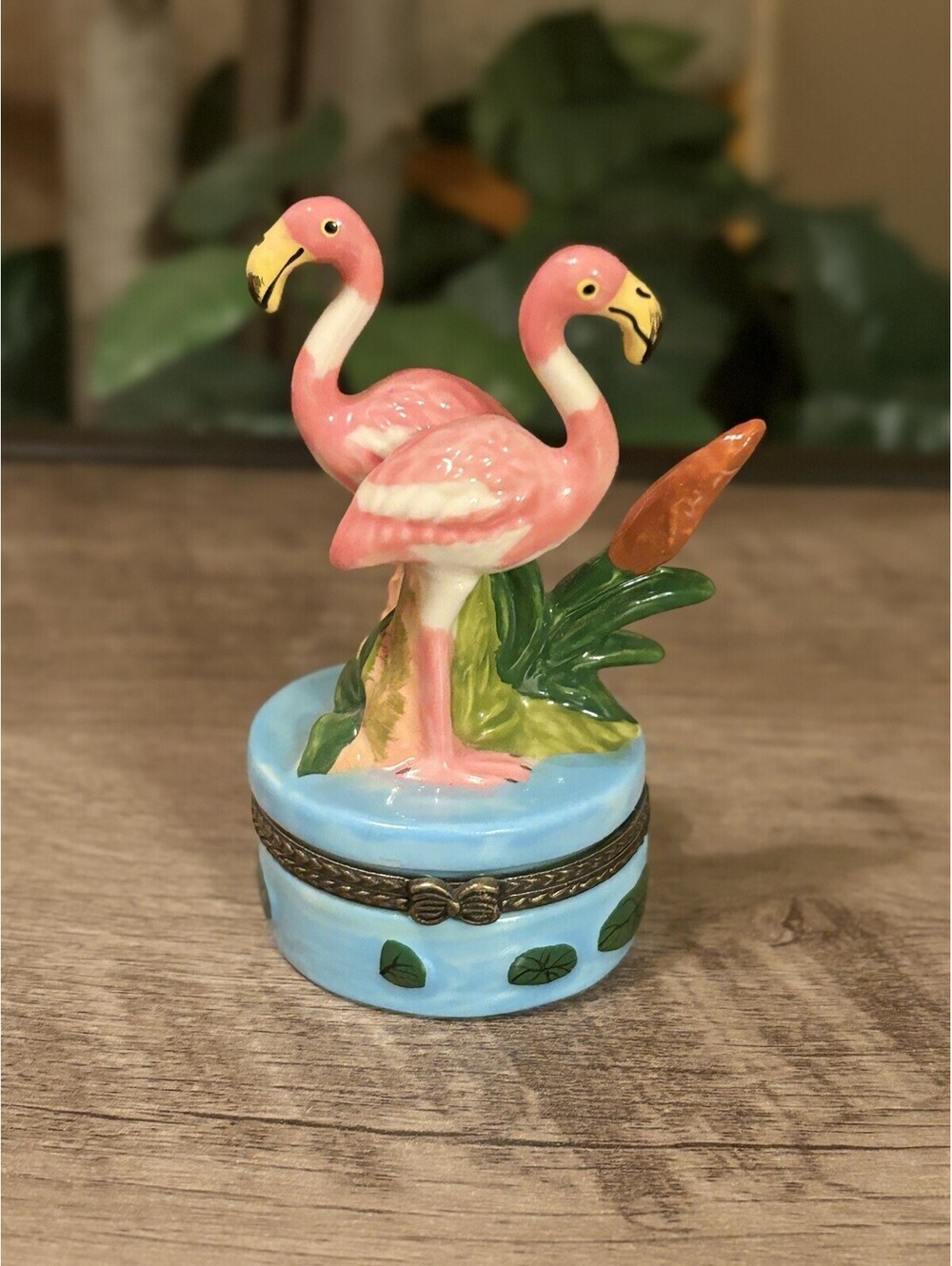 Double Pink Flamingo Porcelain 3.75" Hinged Trinket Box